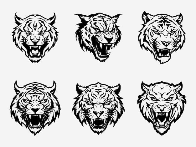 Tiger head black and white illustration logo set