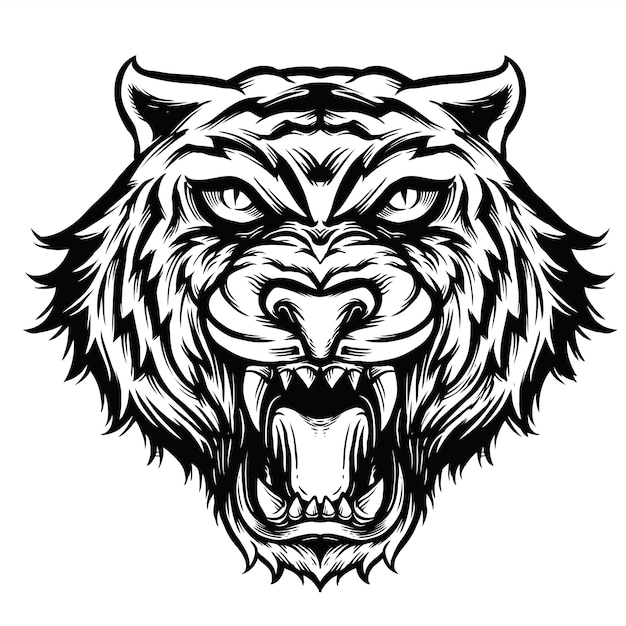 Tiger head line art black and white illustration