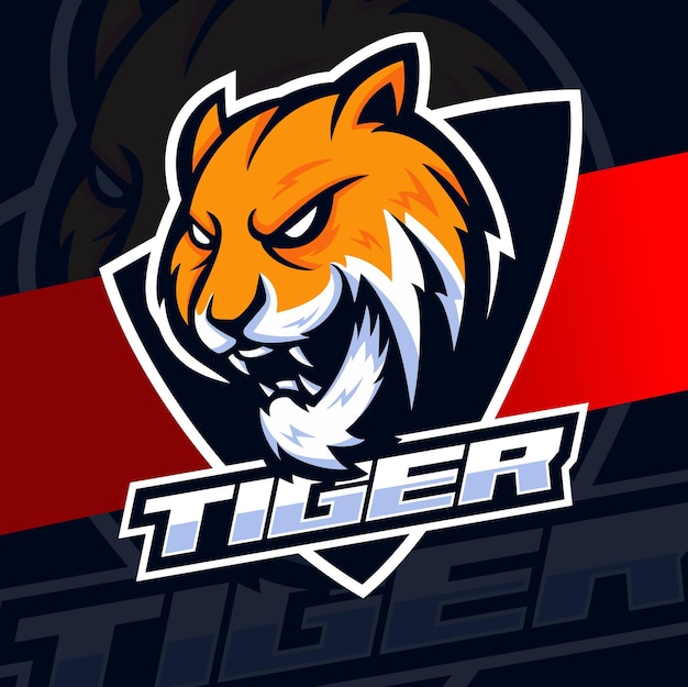 Carattere di design esport del logo della mascotte della testa di tigre per l'illustrazione, lo sport del tatuaggio e il logo di gioco