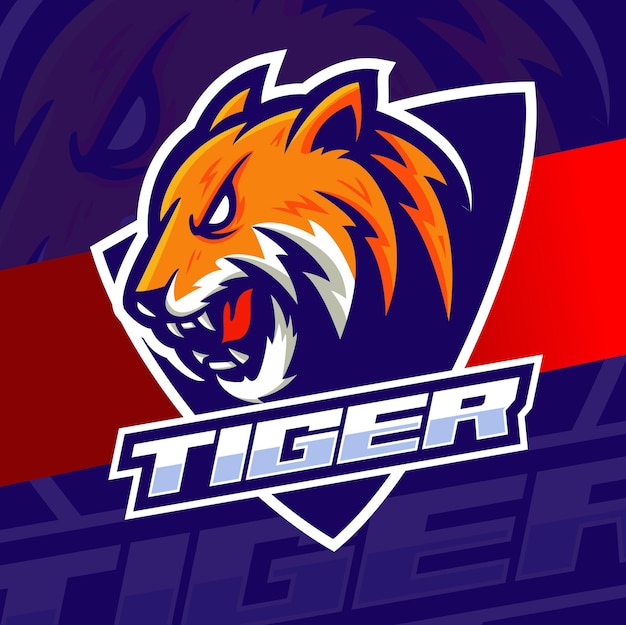 Vettore carattere di design esport del logo della mascotte della testa di tigre per l'illustrazione, lo sport del tatuaggio e il logo di gioco