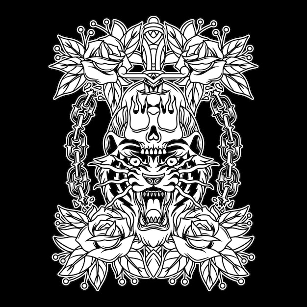 Tiger Head Skull Tattoo Black and White Illustration