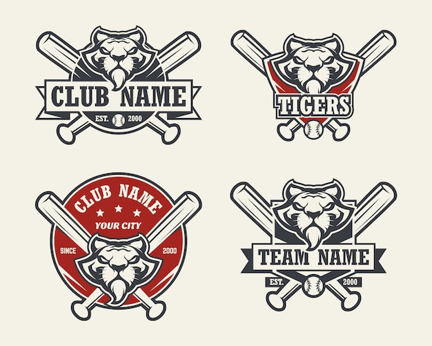 Голова тигра спортивная логотип. набор бейсбольных эмблем, значков, логотипов и наклеек.