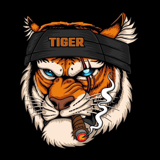 Tiger head wearing bandana while smoking vector illustration