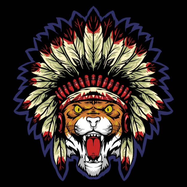 tiger head with apache traditional hat logo mascot  