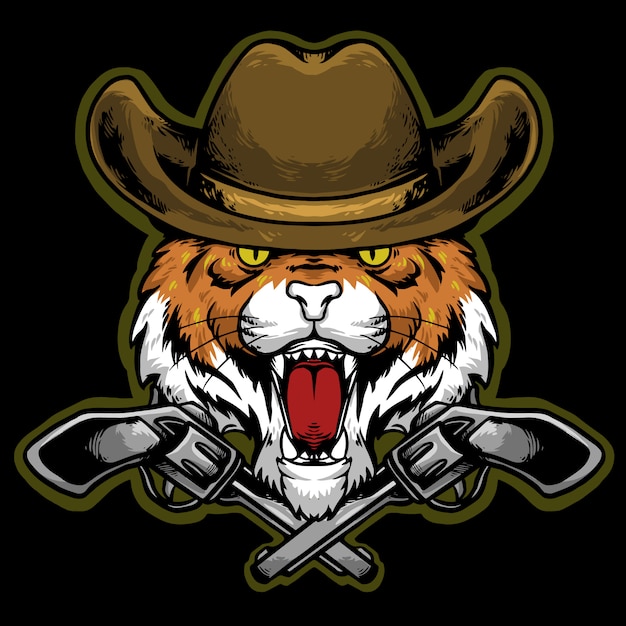 tiger head with cowboy hat and gun logo mascot  