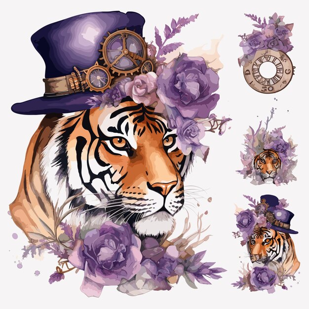 A tiger head with a hat and flowers on it