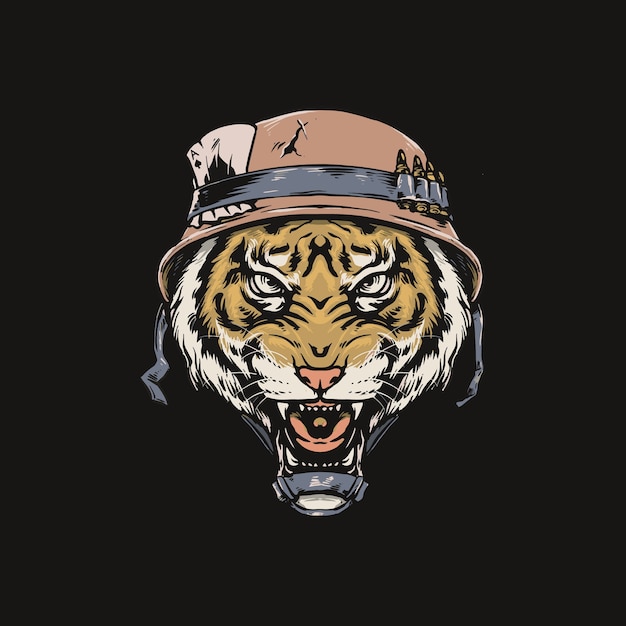 Vector tiger head with old soldier helmet