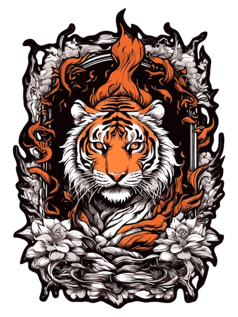 Голова тигра с корневой и огненной векторной иллюстрацией для наклейки на футболки и других