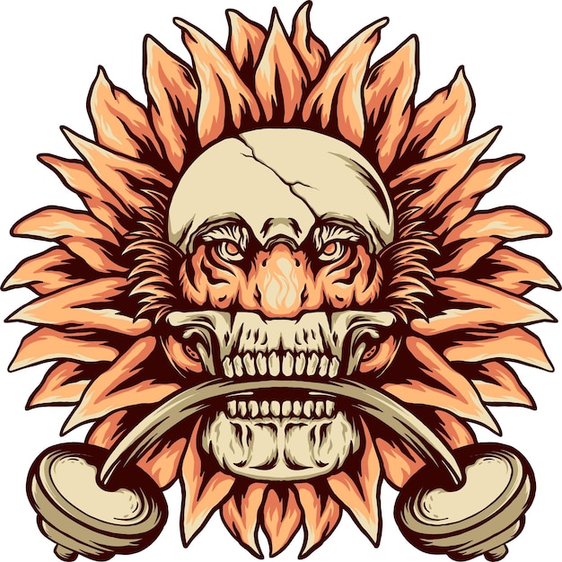 a tiger hiding behind a skull with a sunflower behind it