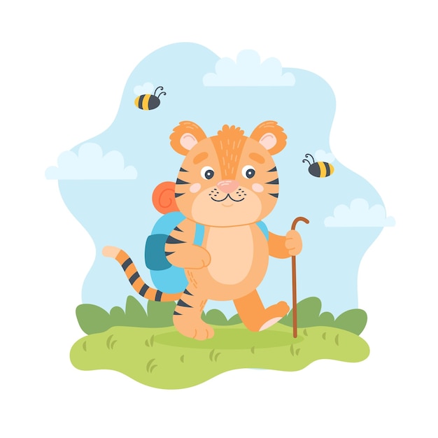 Tiger hiking with backpack in nature summer character outdoors activity