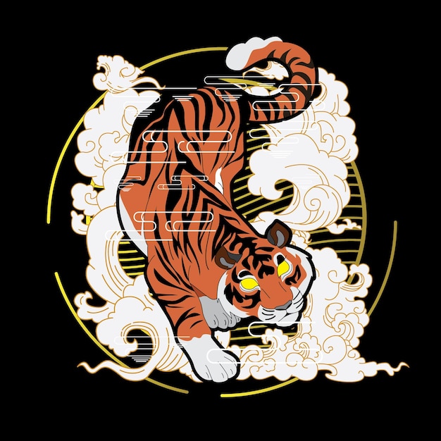 Tiger illustration with japanese style background