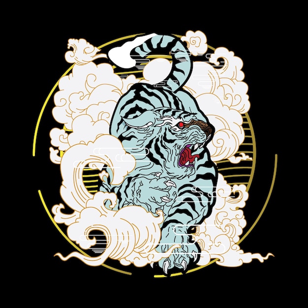 tiger illustration with japanese style background