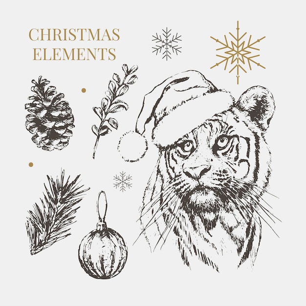Тигр в рождественской шляпе печать на открытке или плакате векторные иллюстрации праздничная открытка новый год