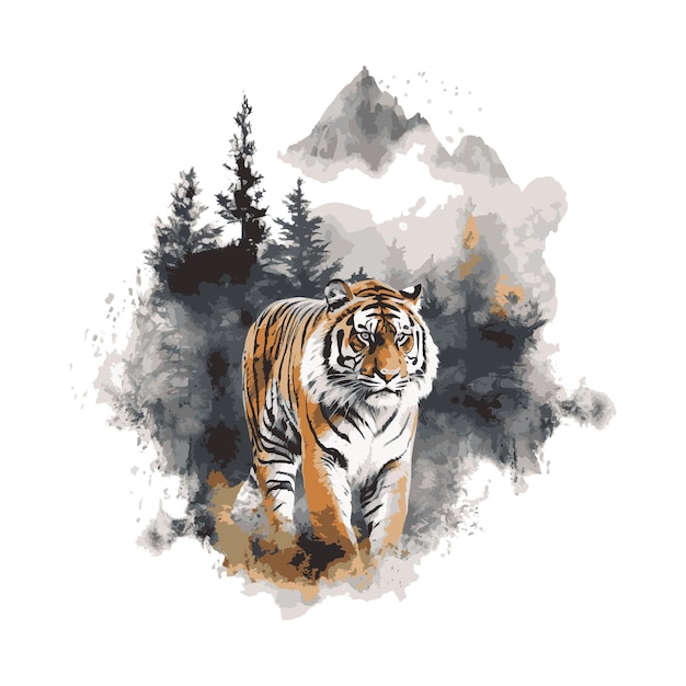 Vector tiger_in_natuur_waterverf_geïsoleerd