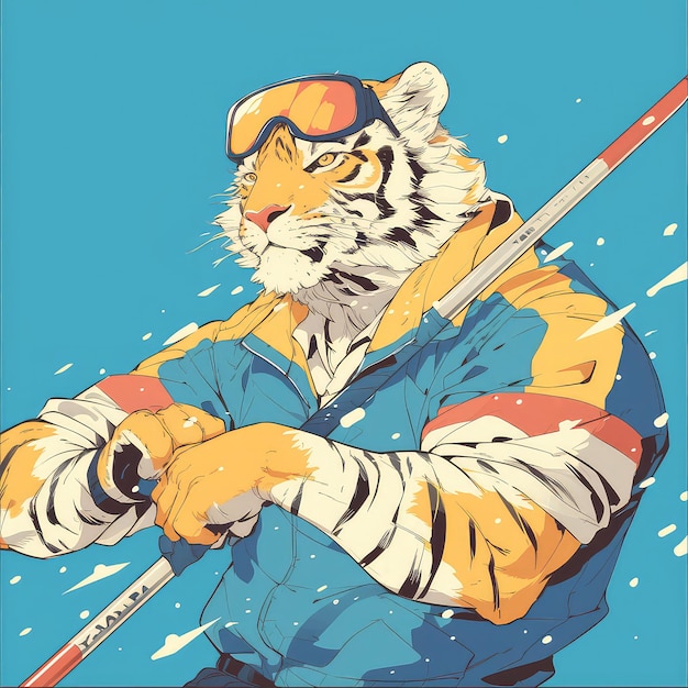 A tiger is skiing cartoon style