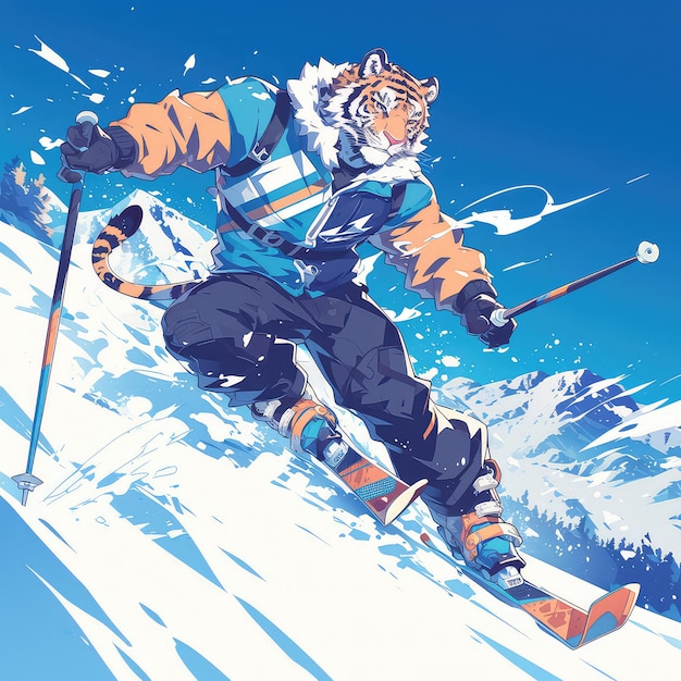 Vector a tiger is skiing cartoon style