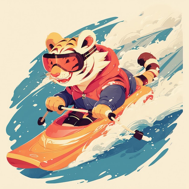 A tiger is skiing cartoon style