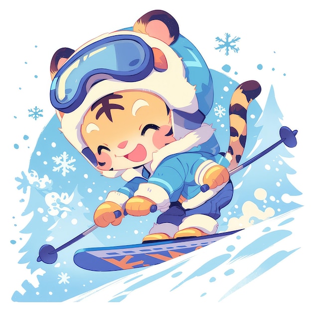 Vector a tiger is skiing cartoon style