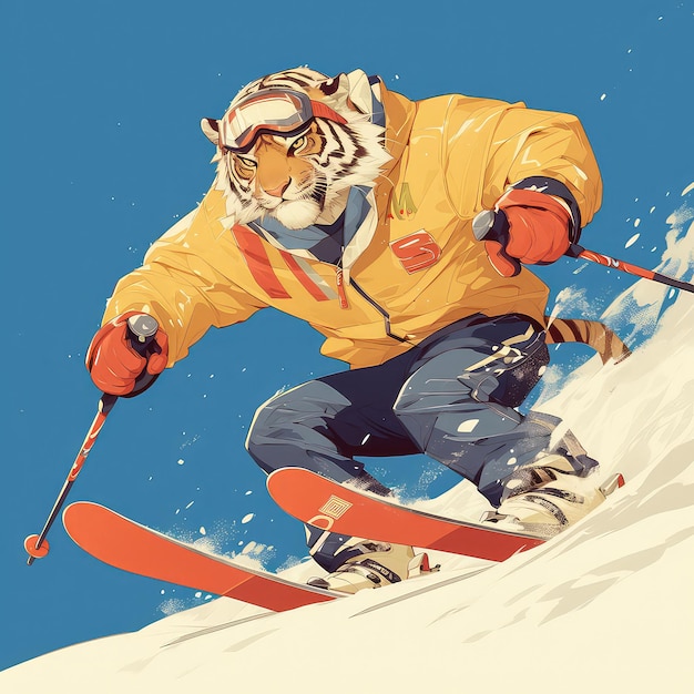 Vector a tiger is skiing cartoon style