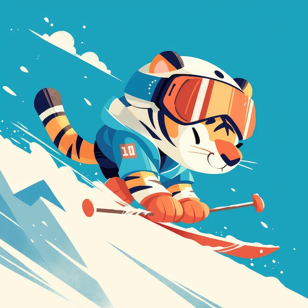 Тигр катается на лыжах в стиле мультфильмов.
