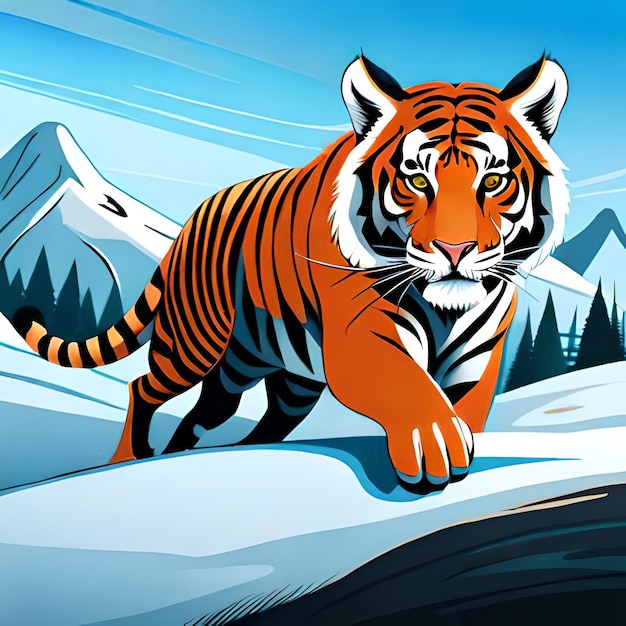 Vector a tiger is walking in the snow with mountains in the background.