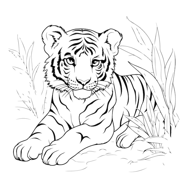 Тигр в джунглях черно-белая иллюстрация для раскраски