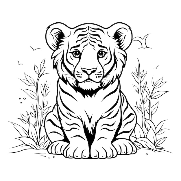 Vector tiger in the jungle black and white vector illustration for coloring book