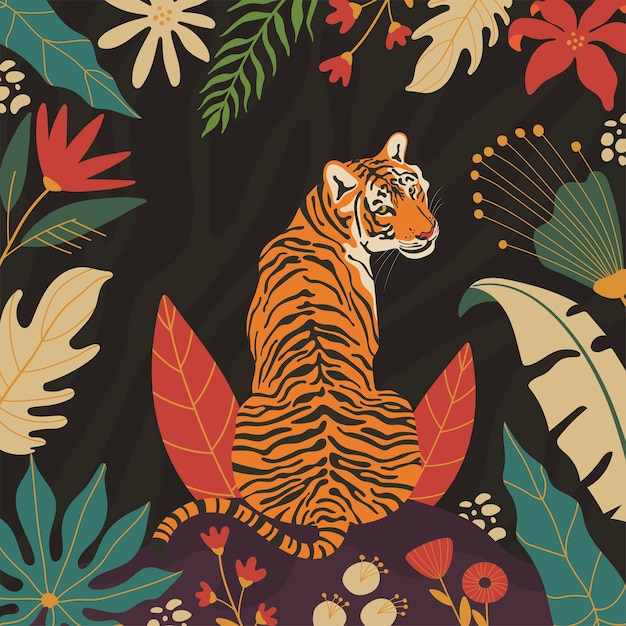 Плакат с изображением тигра в джунглях, нарисованный вручную цветочными иллюстрациями листвы