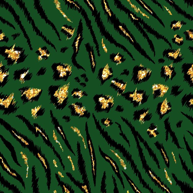 タイガーヒョウテクスチャシームレス動物パターン。縞模様のゴールデングリッター生地の背景野生動物の皮の毛皮。壁紙、装飾のためのファッションラグジュアリーゴールド抽象デザインプリント。ベクトルイラスト
