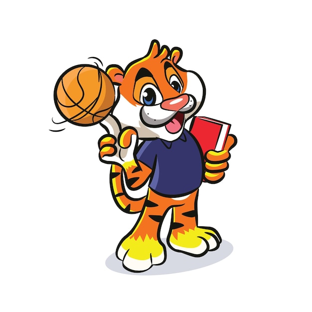 The tiger mascot is holding a ball as well as a book