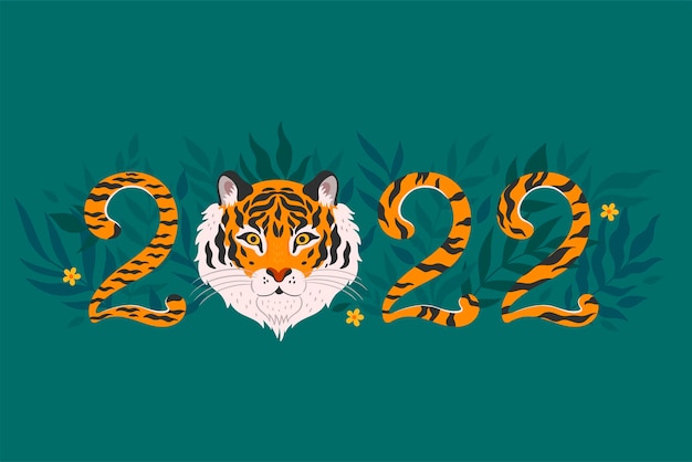 Tiger number 2022 and tropical leaves. vector graphics.