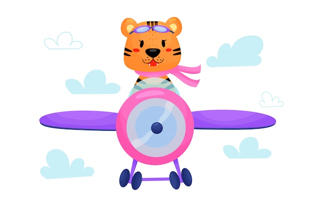 Il pilota della tigre sta volando sull'aereo attraverso le nuvole. illustrazione sveglia del fumetto per i bambini