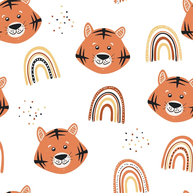 Tiger and rainbows. Seamless pattern. Cute baby print. Vector illustration