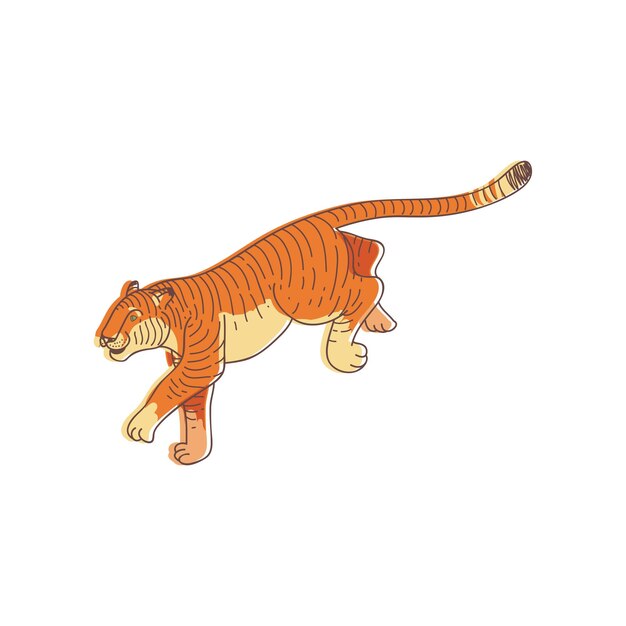 Vector tiger in running action wild animal with orange striped coat and long tail large predatory cat wildlife theme line art with colorful fill trendy hand drawn vector isolated on white background