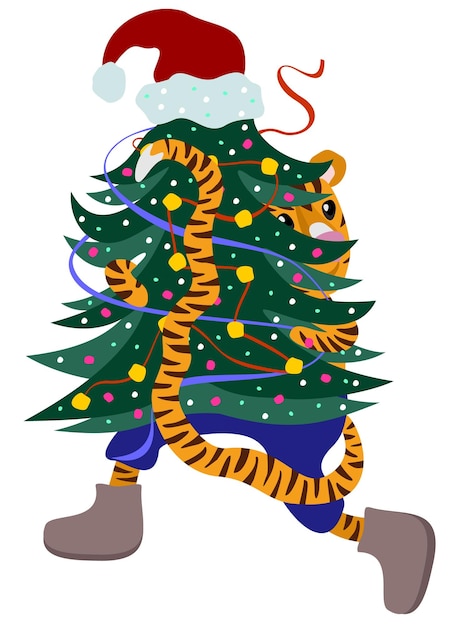 Tiger running with New Year tree in his paws. Happy New Year 2022. Holiday concept.