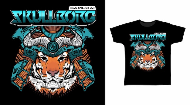 Tiger Samurai with War Helmet vector illustration t-shirt design concept.