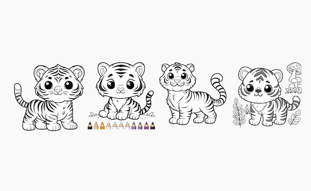 Tiger simple thick lines kids or children cartoon coloring book pages tigers line art vector