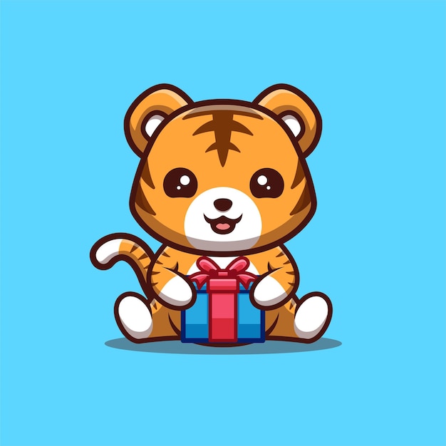 Tiger Sitting Gift Box Cute Creative Kawaii Cartoon Mascot Logo