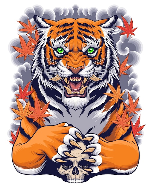 Tiger and skull illustration with japanese style art