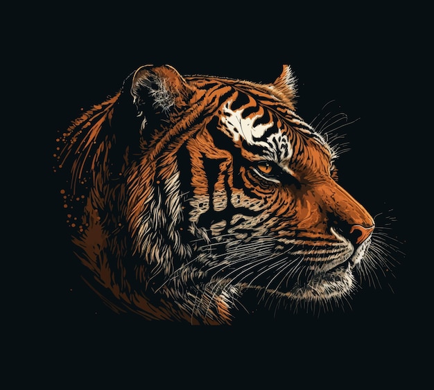 Тигр стильная иллюстрация Высокая детализация яркие насыщенные цвета хищник охотник темный фон кот лидер персонаж бизнес опасность профиль глаза талисман художественная концепция векторная иллюстрация