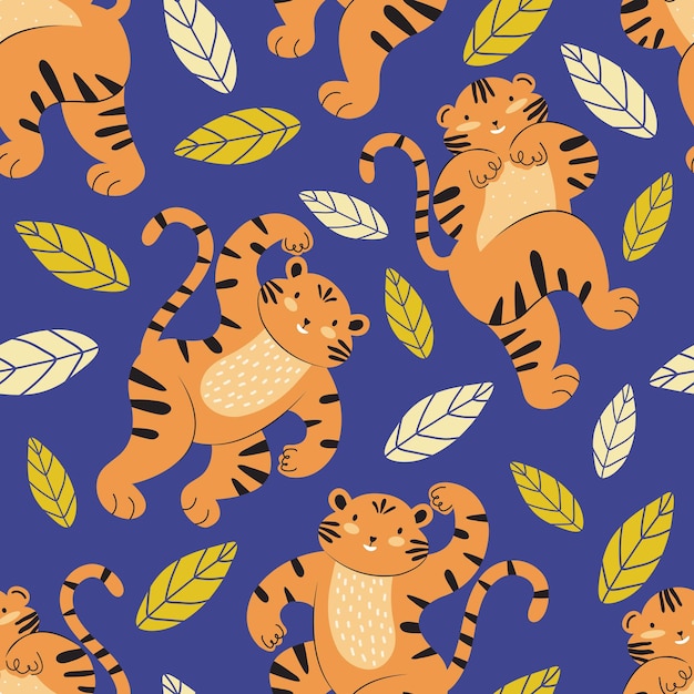 Tiger among tropical leaves seamless pattern Colorful children illustration with cartoon animals