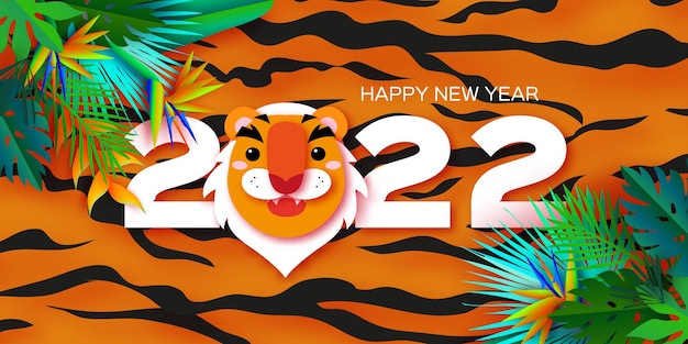 Tiger Tropical New Year. Cute Animal paper cut style. Chinese zodiac, Chinese calendar. Winter holidays. Happy New Greeting Card 2022. Wild Animal. Big cat. Christmas season.