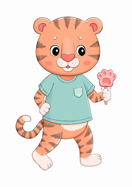 Tiger in tshirt with paw shape icecream vector illustration