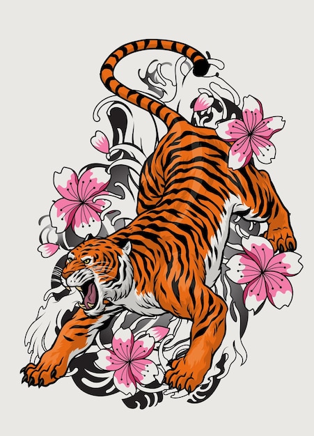 Чертеж дизайна винтажной татуировки тигра