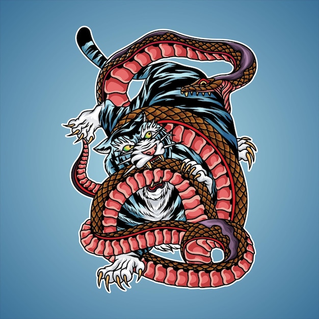 Иллюстрация татуировки тигра против змеи