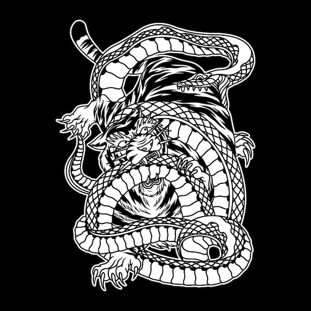 Tiger vs Snake Tattoo Zwart-wit afbeelding