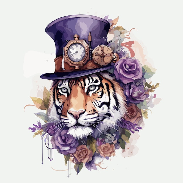 A tiger wearing a hat with a clock on it and a flower on it.