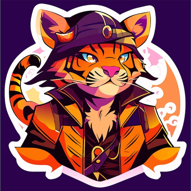 Tiger wearing pirate costume hand drawn flat stylish cartoon sticker icon concept isolated