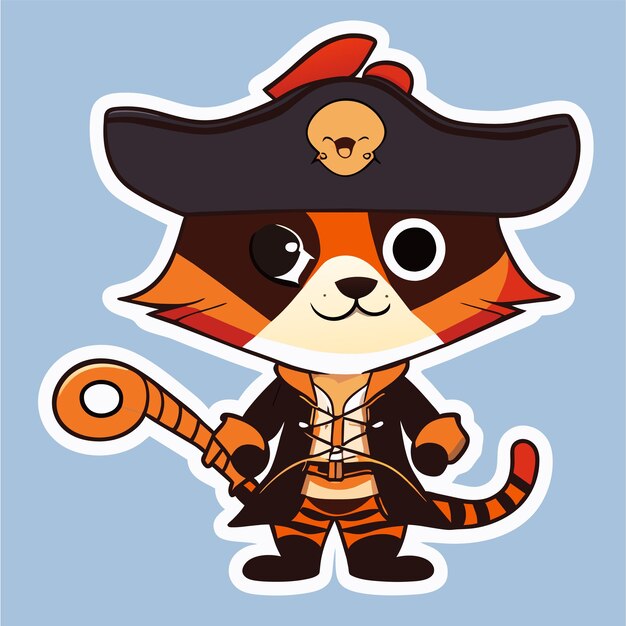 Vector tiger wearing pirate costume hand drawn flat stylish cartoon sticker icon concept isolated