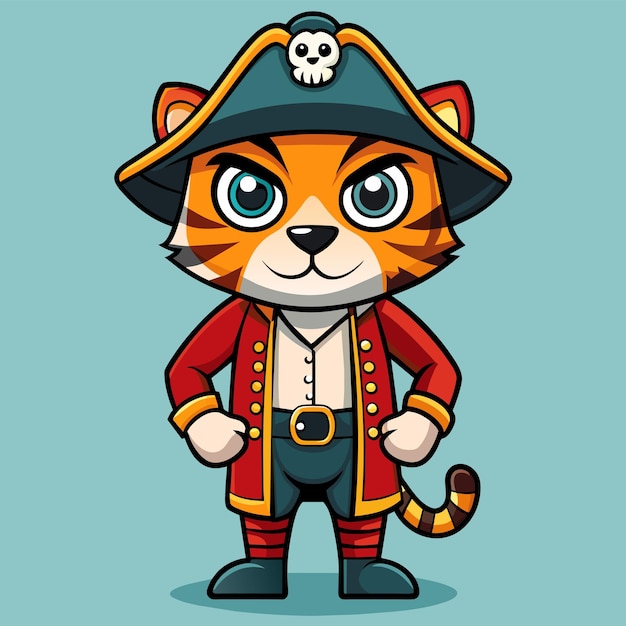 Vector tiger wearing pirate costume hand drawn flat stylish cartoon sticker icon concept isolated